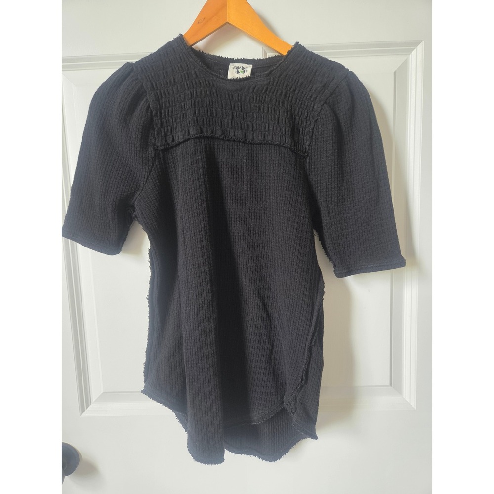 Free People Womens Medium Black Raw Seam Thermal Tunic Top Puff Sleeve Boho